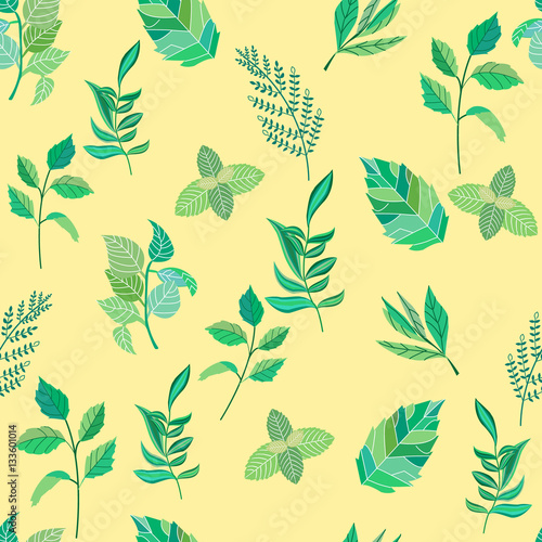 Seamless pattern of various leaves. Vector illustration.