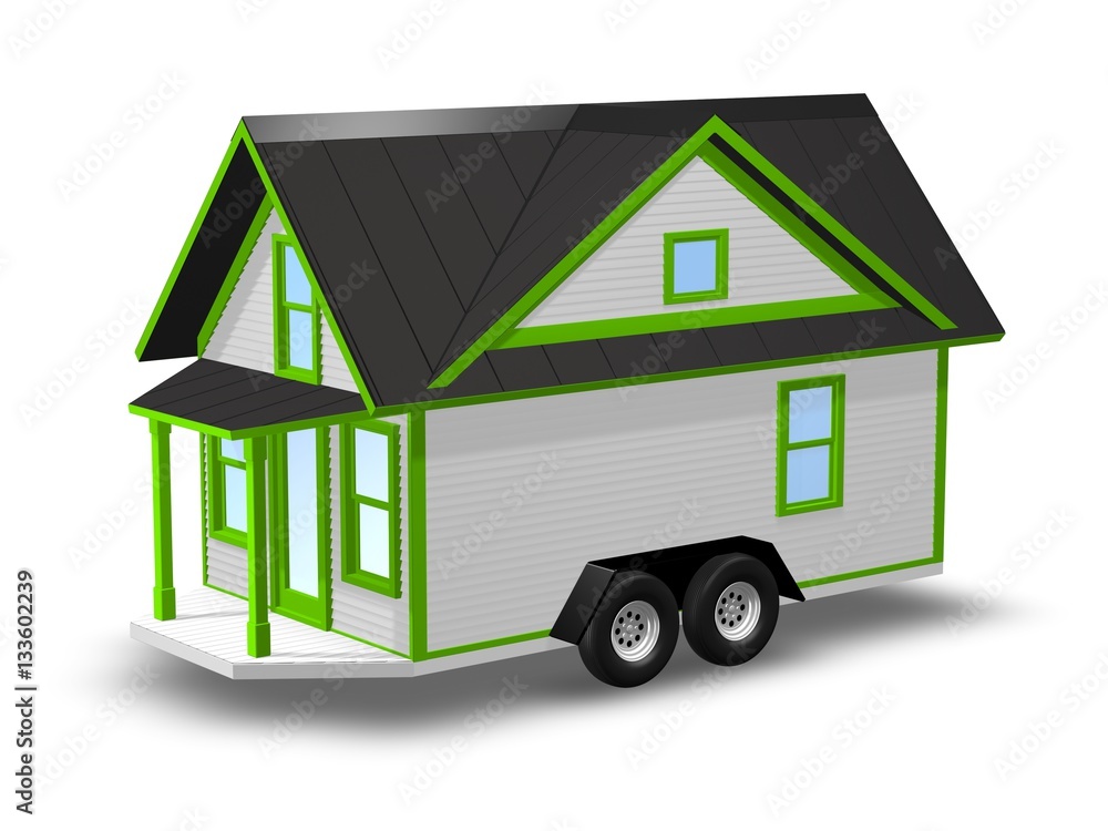 3D Rendered Illustration of a tiny house on a trailer. House is isolated on a white background. 3D Rendered Illustration of a tiny house on a trailer. House is isolated on a white background.