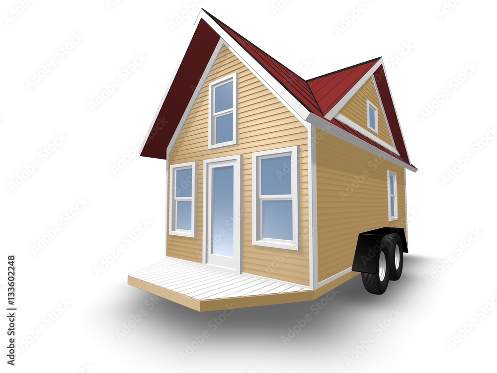 3D Rendered Illustration of a tiny house on a trailer.  House is isolated on a white background.