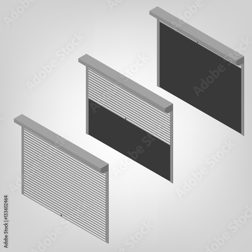 Steel security shutters isometric, vector illustration.