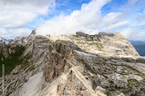 Footpath Alpinisteig and Sexten Dolomites mountain panorama in South Tyrol, Italy