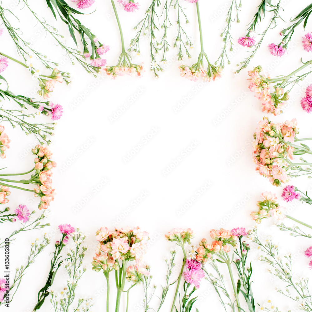 Wildflowers frame. Flat lay, top view. Valentine's background Wildflowers frame. Flat lay, top view. Valentine's background
