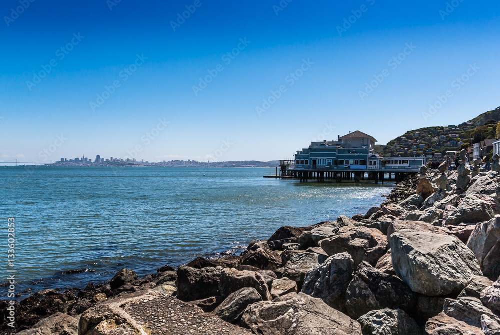 View across San Francisco Bay from the Sausalito waterfront along the Bridgeway Promenade View across San Francisco Bay from the Sausalito waterfront along the Bridgeway Promenade