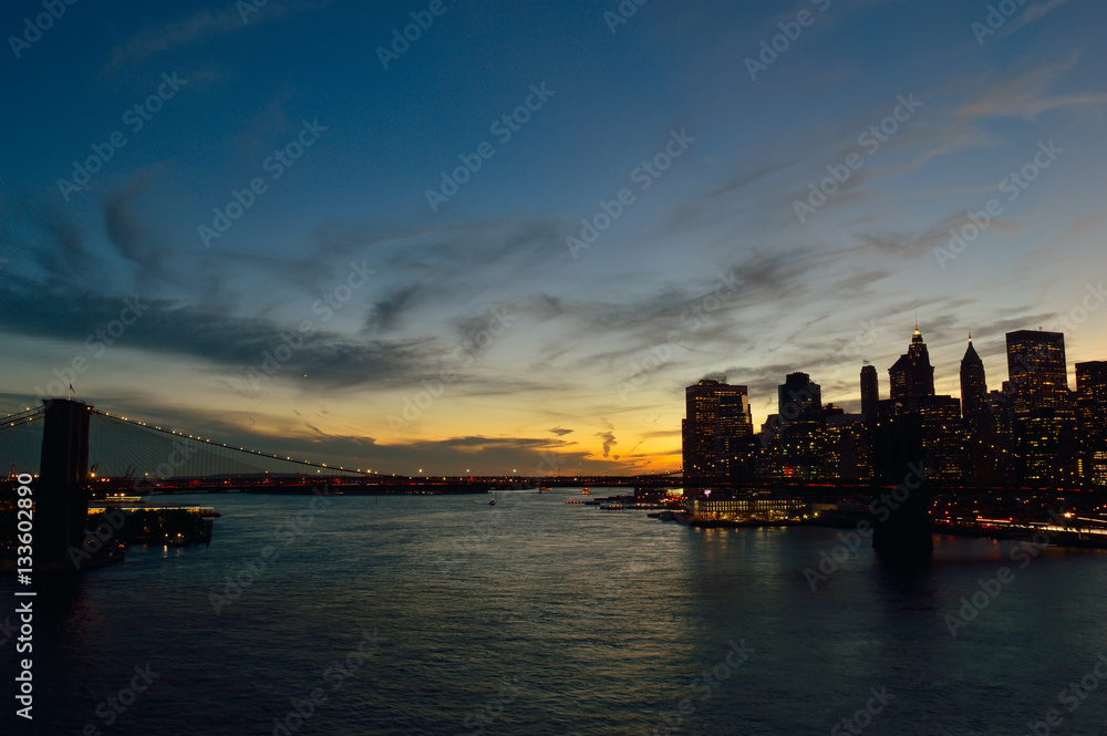 Brooklyn Bridge at sunset.