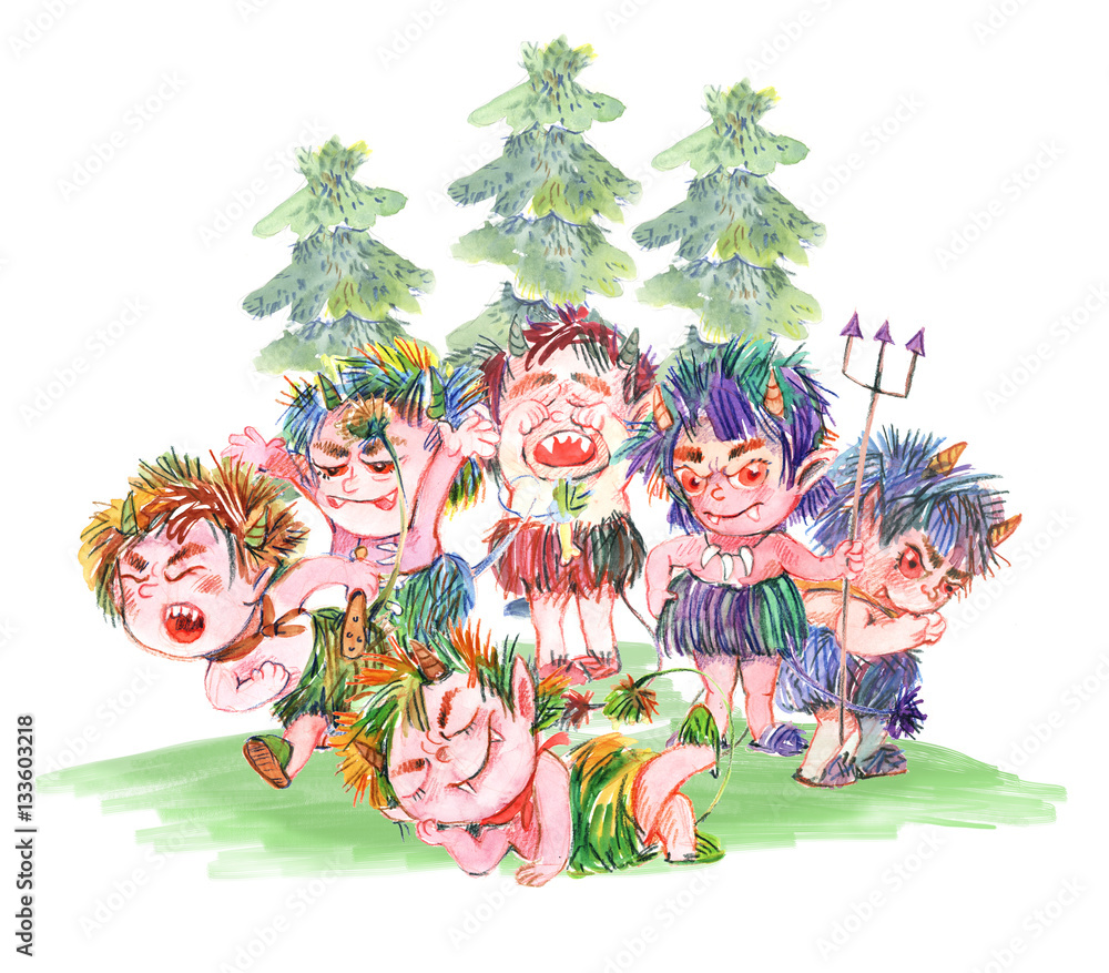 little devil, character, different poses and emotions, watercolor, seamless pattern little devil, character, different poses and emotions, watercolor, seamless pattern