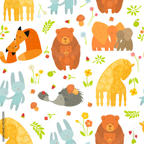 Cartoon Forest Pattern with Animals Parent with Baby. Brightly colored childish animals. Mothers and children. Vector illustration. Cute animals for Mother's Day. Animals mom and baby