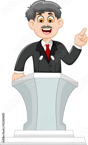 cute cartoon politician speaking behind the podium