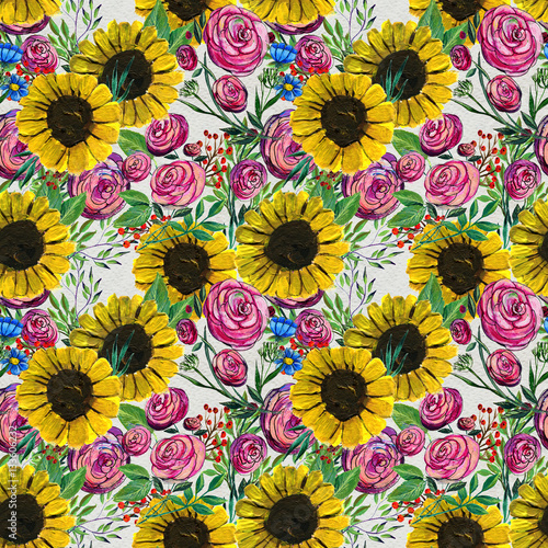 Seamless pattern with sunflowers and roses
