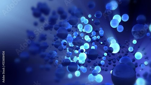 Animated 3D abstract blue spheres moving with light beams