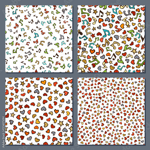 Vector set of seamless love and music patterns.