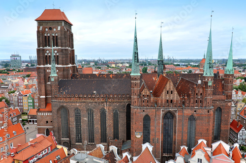 Panorama of the old city center of Gdansk. Top view of the St. Mary's Gothic church.