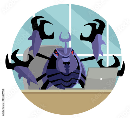 evil bug scarab beetle using a computer