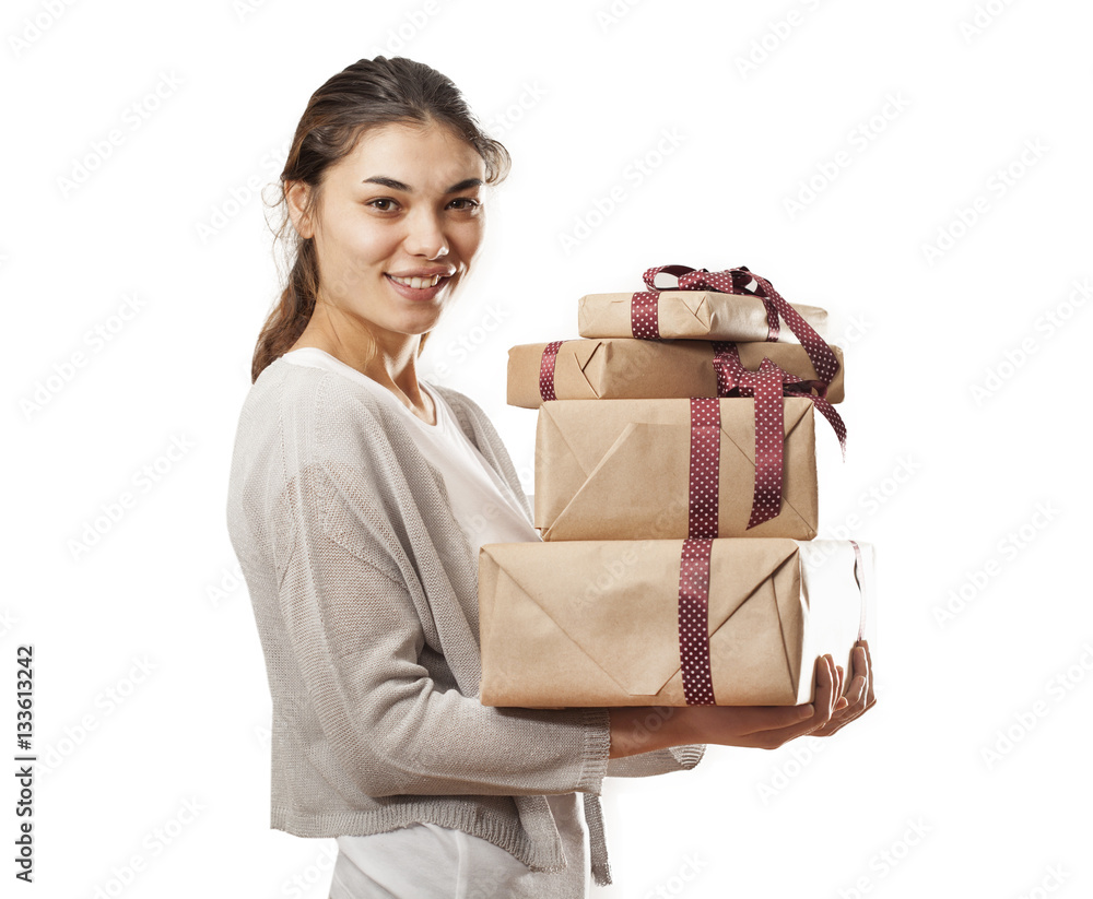 Woman holding gift boxes Woman holding gift boxes