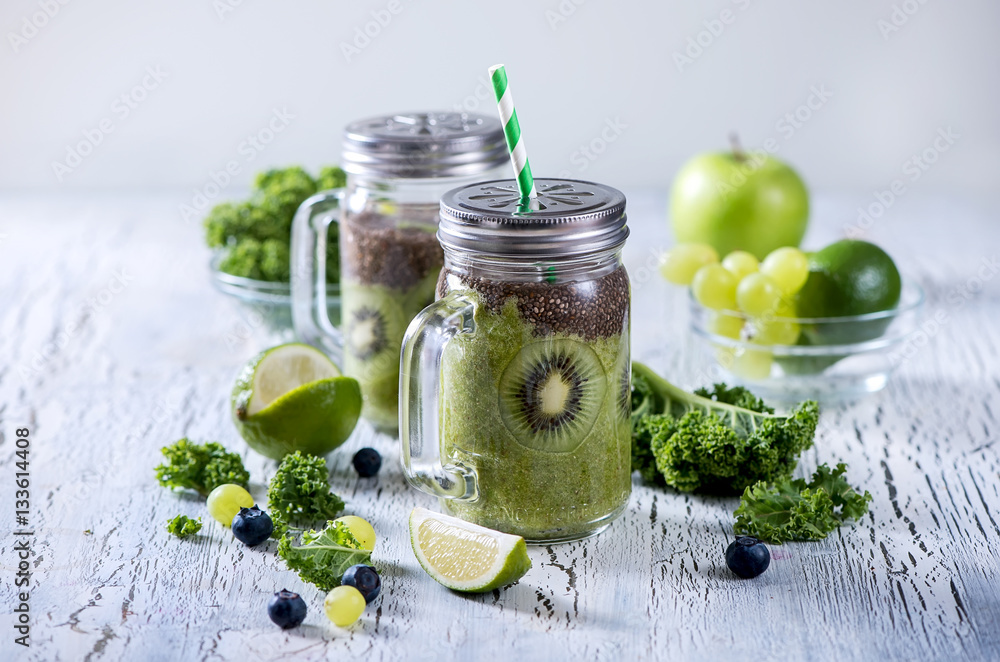 Green fresh detox vegan superfoods smoothie, healthy beverage, e Green fresh detox vegan superfoods smoothie, healthy beverage, e