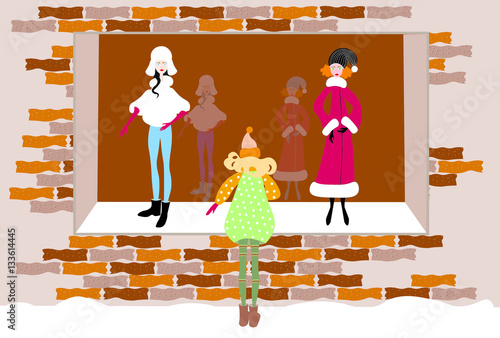 Cute funny girl near the fashion shop window looking at the luxurious winter models on sale