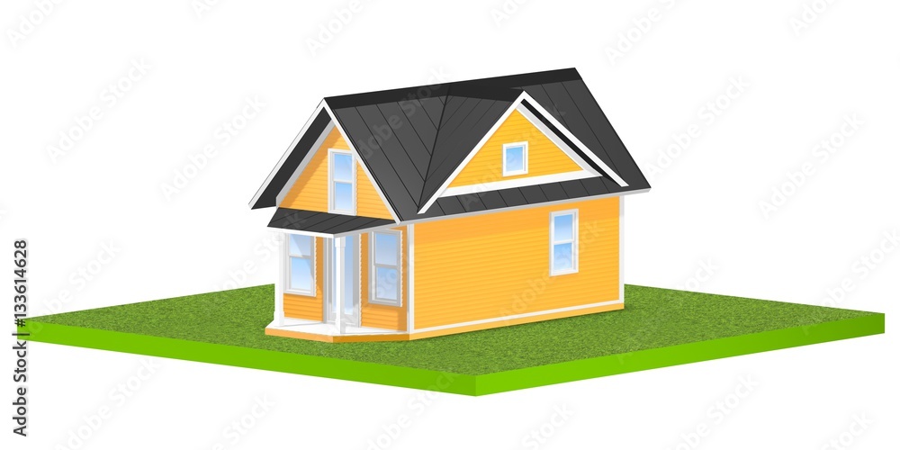 3D rendered illustration of a tiny home on a square grassy plot of land or yard.  Isolated over white background.