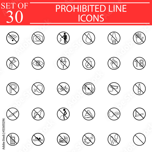 Prohibited signs line pictograms package, Forbidden symbols collection, vector sketches, solid logo illustrations, linear icons isolated black circles on white background, eps 10.