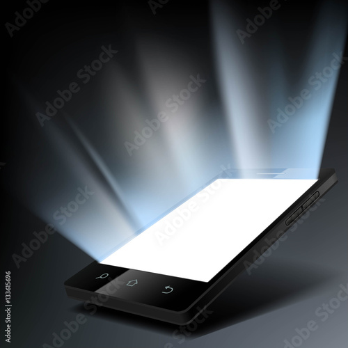 Smartphone with a white glowing screen. Stock vector illustratio