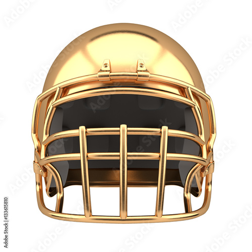 Golden American football helmet Illustration. Front view. Sport equipment. Symbol of Cup or Trophy. 3D render Illustration Isolated on white background.