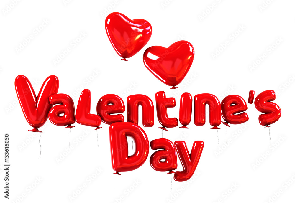 Valentine's day made of Red glossy helium Balloons. 3d rendering isolated on white background