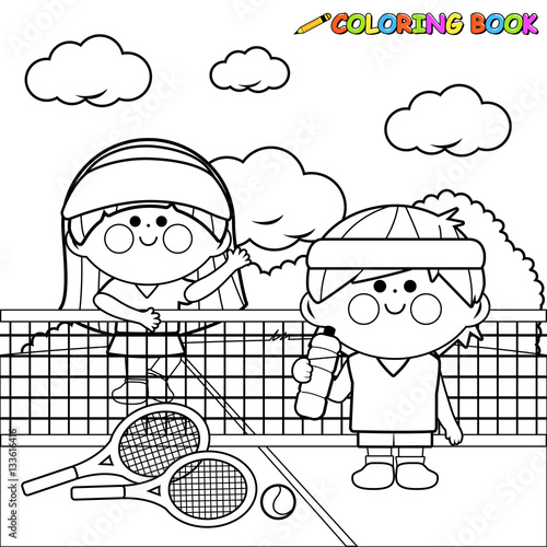 Children tennis players. Vector black and white coloring page.