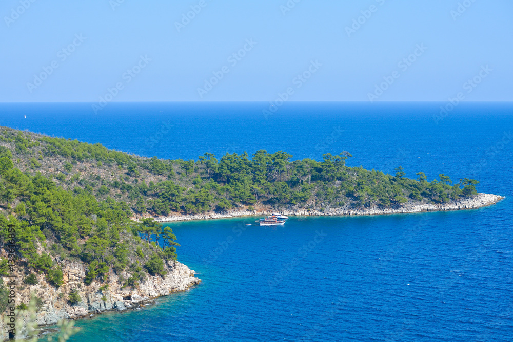 Boats in secluded bay, Thassos Island, Greece

