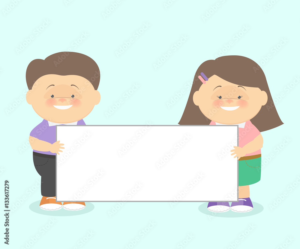 The boy with the girl together hold informational poster. Vector The boy with the girl together hold informational poster. Vector