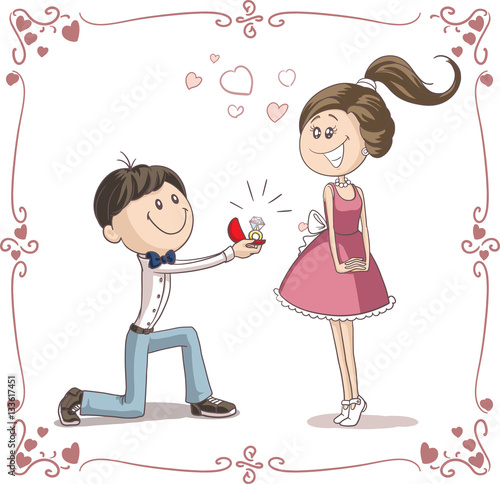Man Asking Woman to Marry Him Cartoon Illustration
