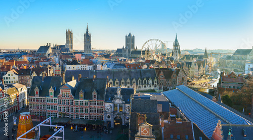 Aerial view on the center of the old city of Ghent in Belgium