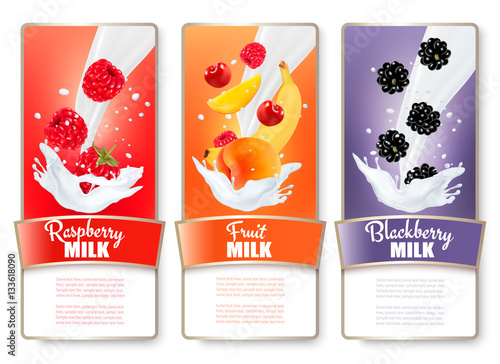 Set of three labels of fruit and berries in milk splashes. Raspb