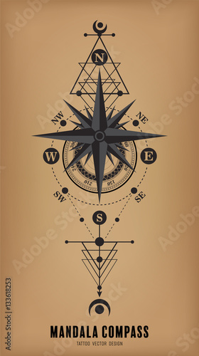 mandala compass tattoo vector design