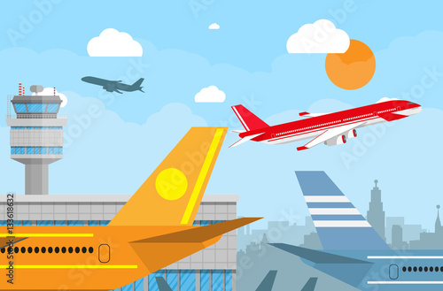 airport control tower and flying airplane