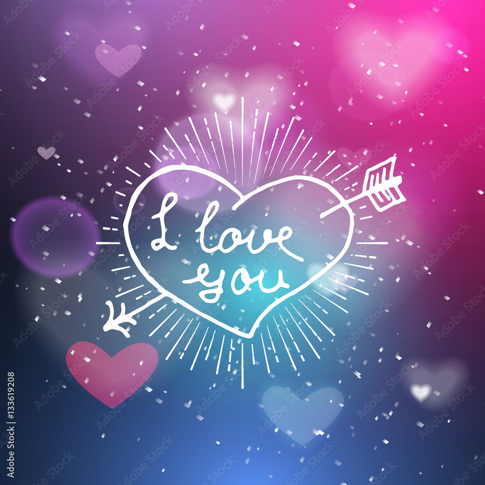 I love you hand written lettering positive quote, calligraphy poster vector illustration. Valentines Day Card Calligraphy. Background in show. Vector interior shined with a projector