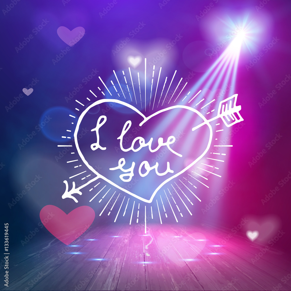 I love you hand written lettering positive quote, calligraphy poster vector illustration. Valentines Day Card Calligraphy. Background in show. Vector interior shined with a projector I love you hand written lettering positive quote, calligraphy poster vector illustration. Valentines Day Card Calligraphy. Background in show. Vector interior shined with a projector