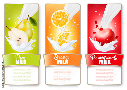 Set of three labels of fruit in milk splashes. Pear, orange, pom