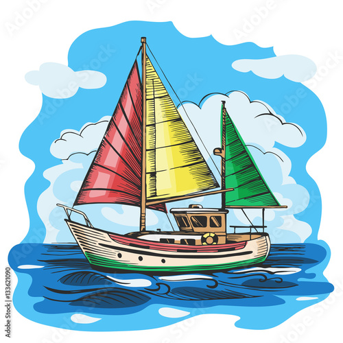Sailing boat colored vector sketch with clouds