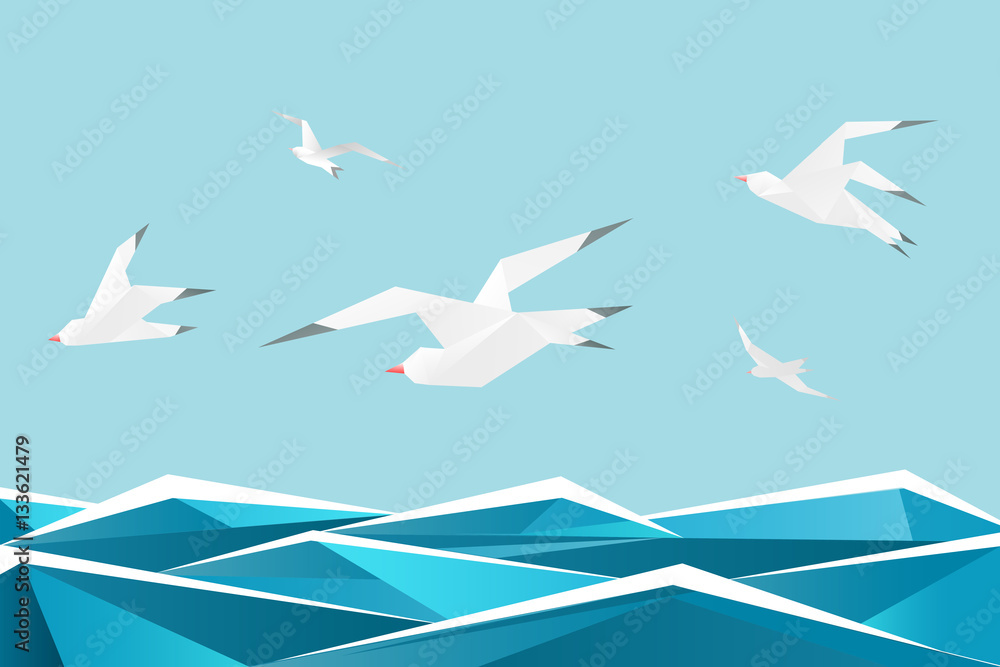 Paper sea with birds. Vector origami gulls above waves  background