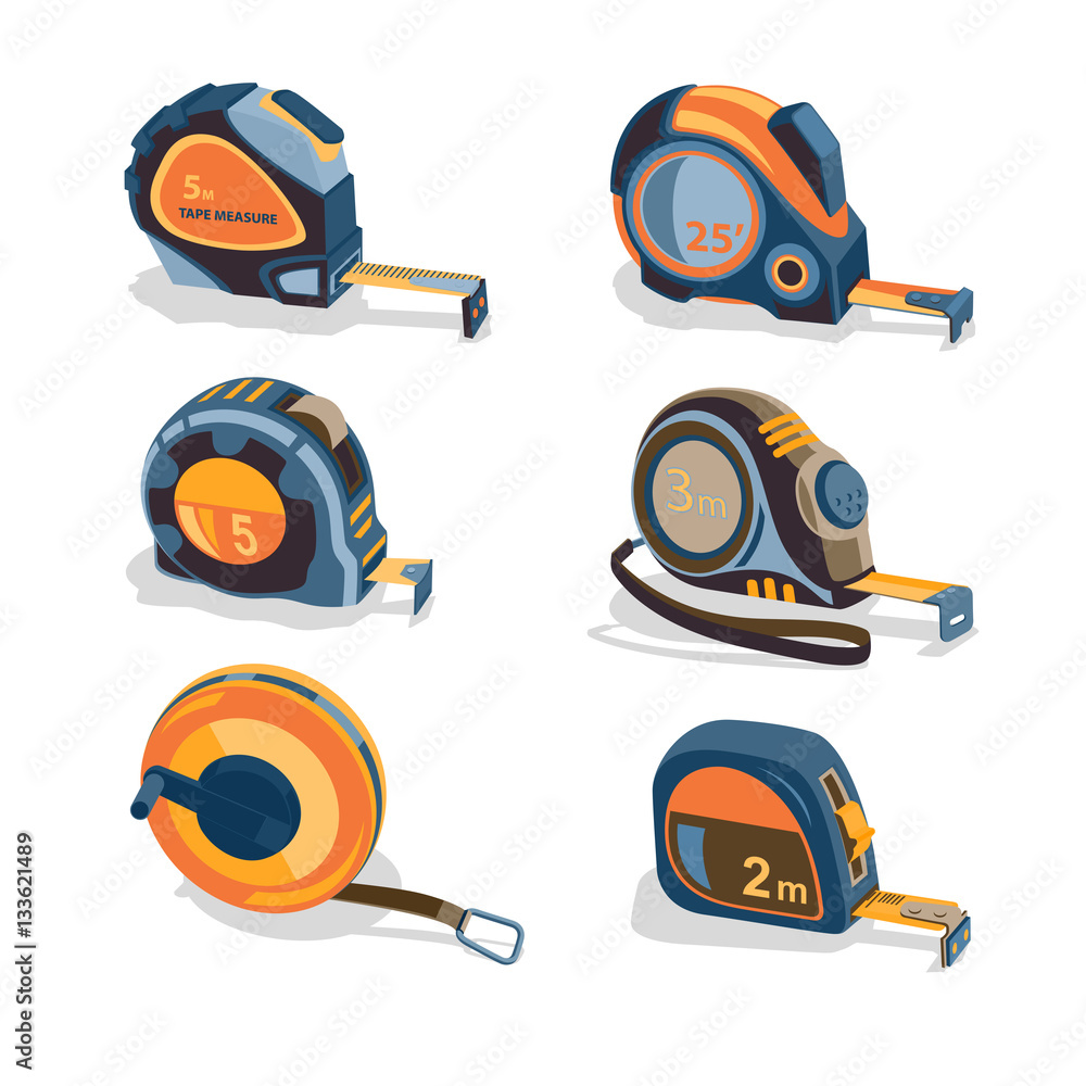 Measuring tape, a set of different lengths and shapes on a white Measuring tape, a set of different lengths and shapes on a white