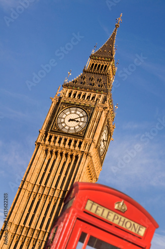Red telephone box and Big Ben,  London, UK