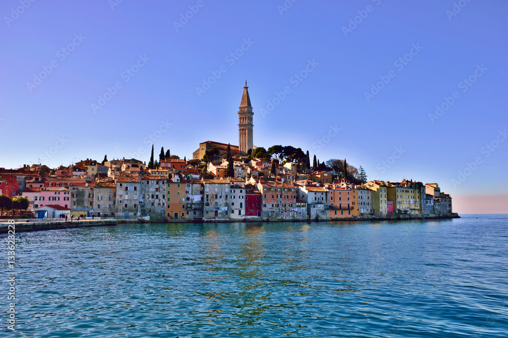 Morning view of old medieval, romantic town of Rovinj, Croatia during winter sunrise, Istria