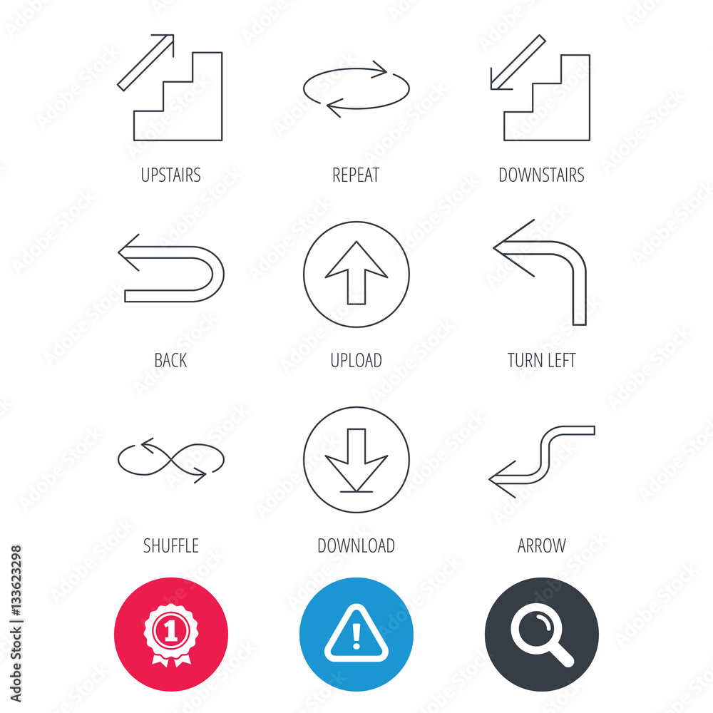 Achievement and search magnifier signs. Arrows icons. Download, repeat and shuffle linear signs. Upload, back arrow flat line icons. Hazard attention icon. Vector Achievement and search magnifier signs. Arrows icons. Download, repeat and shuffle linear signs. Upload, back arrow flat line icons. Hazard attention icon. Vector