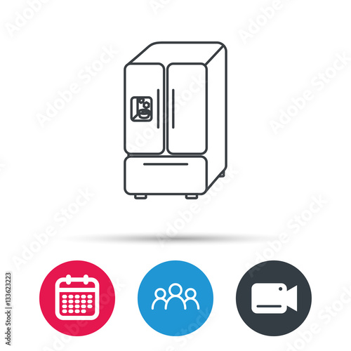 American fridge icon. Refrigerator with ice sign. Group of people, video cam and calendar icons. Vector