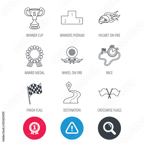 Achievement and search magnifier signs. Winner cup and podium, award medal icons. Race flag, motorcycle helmet and timer linear signs. Destination pointer flat line icons. Hazard attention icon