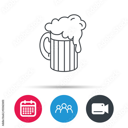 Beer icon. Glass of alcohol drink sign. Brewery symbol. Group of people, video cam and calendar icons. Vector