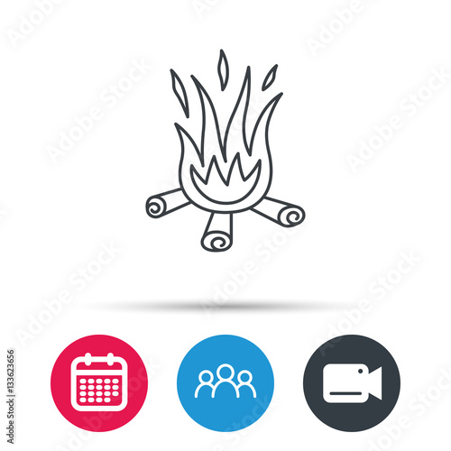 Bonfire icon. Fire sign. Group of people, video cam and calendar icons. Vector