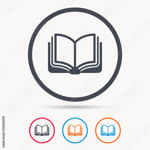 Book icon. Study literature sign. Education textbook symbol. Colored circle buttons with flat web icon. Vector