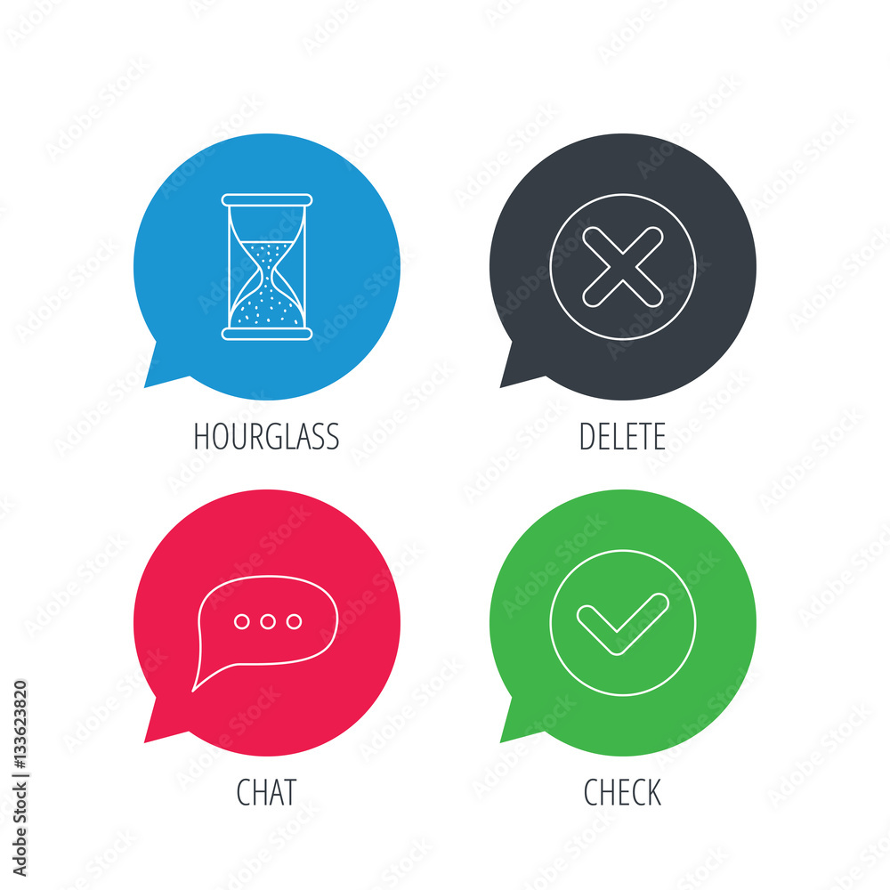 Colored speech bubbles. Chat speech bubble, hourglass and check icons. Delete, remove and tick linear signs. Flat web buttons with linear icons. Vector Colored speech bubbles. Chat speech bubble, hourglass and check icons. Delete, remove and tick linear signs. Flat web buttons with linear icons. Vector
