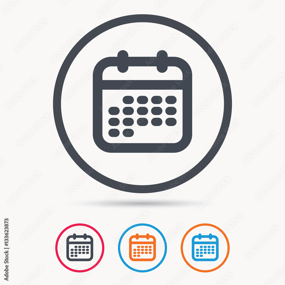 Calendar icon. Events reminder symbol. Colored circle buttons with flat web icon. Vector Calendar icon. Events reminder symbol. Colored circle buttons with flat web icon. Vector