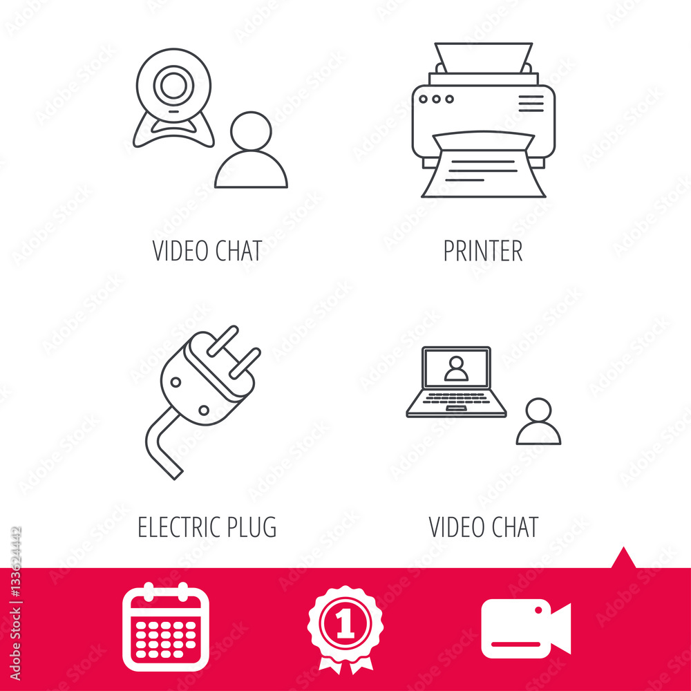 Achievement and video cam signs. Video chat, printer and electric plug icons. Video conference linear sign. Calendar icon. Vector Achievement and video cam signs. Video chat, printer and electric plug icons. Video conference linear sign. Calendar icon. Vector