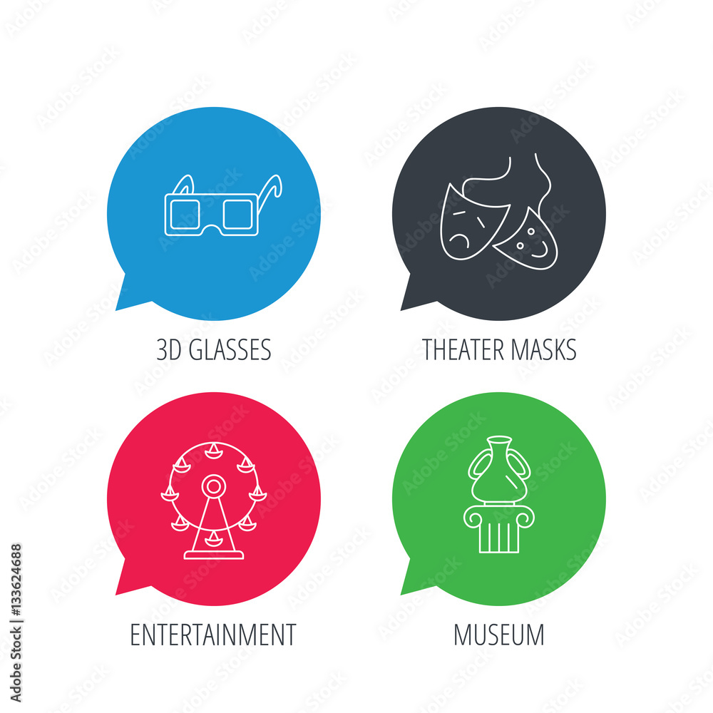 Colored speech bubbles. Museum, ferris wheel and theater masks icons. 3d glasses linear sign. Flat web buttons with linear icons. Vector